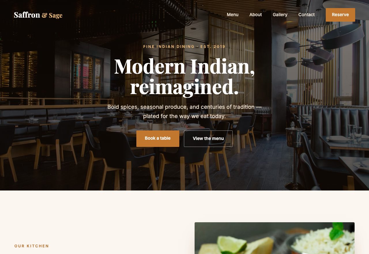 Restaurant website concept built by Apex Web Design